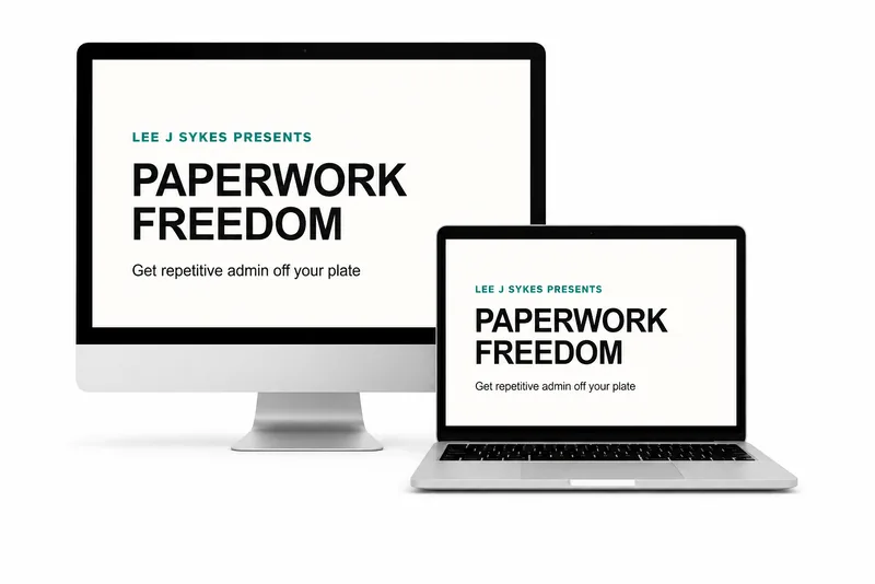 Paperwork Freedom course shown on a desktop monitor and laptop