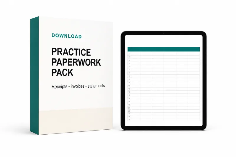 Practice Paperwork Pack beside a tablet showing the records sheet