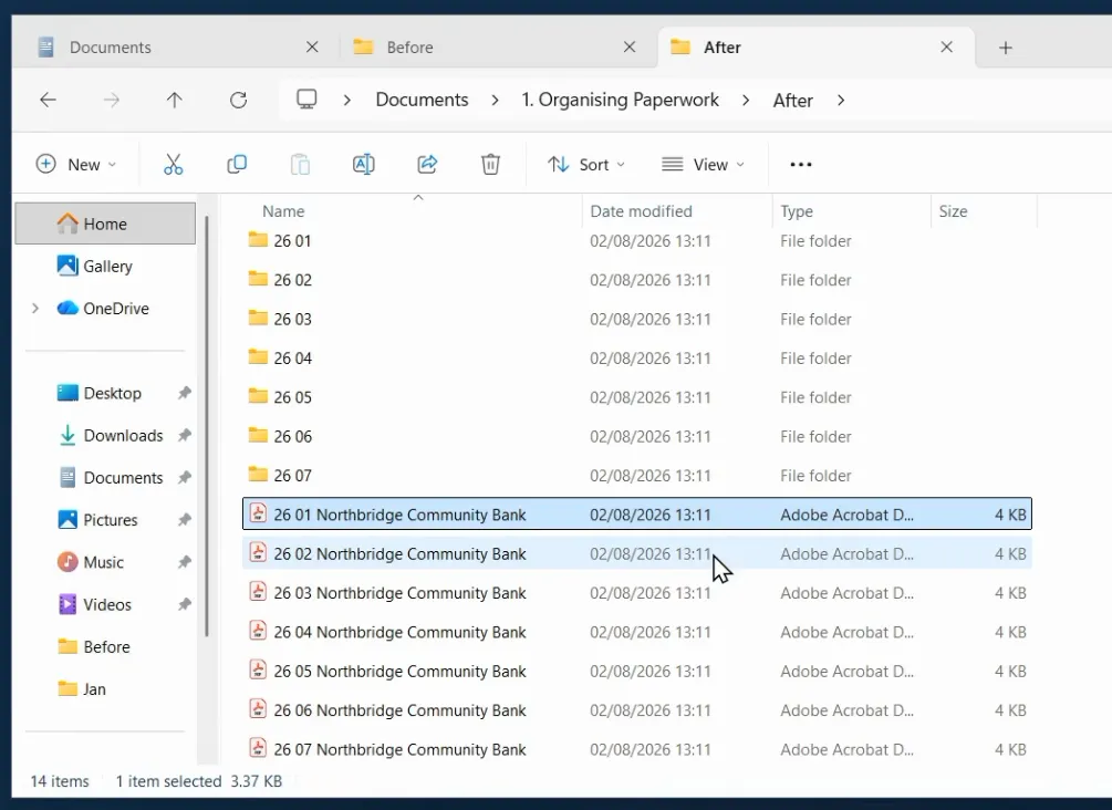 The practice paperwork renamed and arranged into month folders